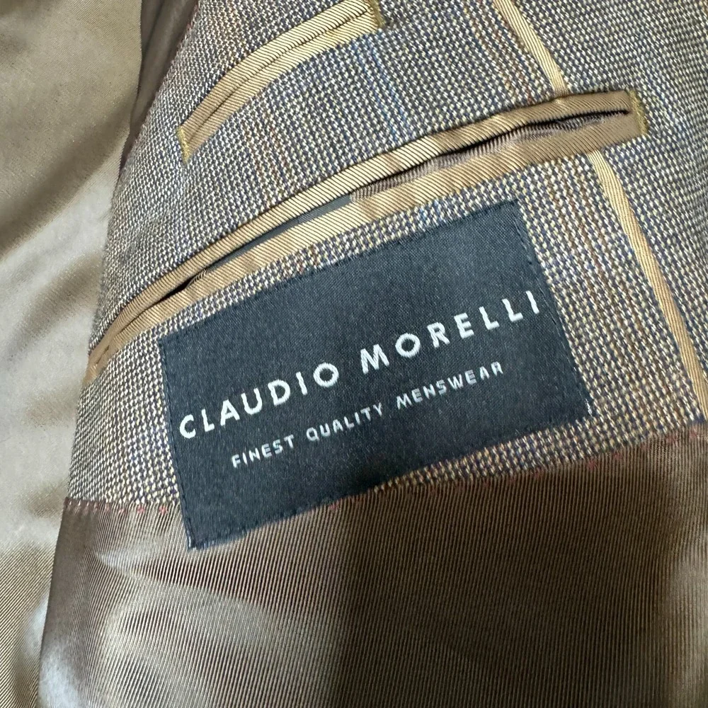 Claudio Morelli Blazer Mens 42‎ S Brown Blue Check Wool Blend Jacket Sport Coat